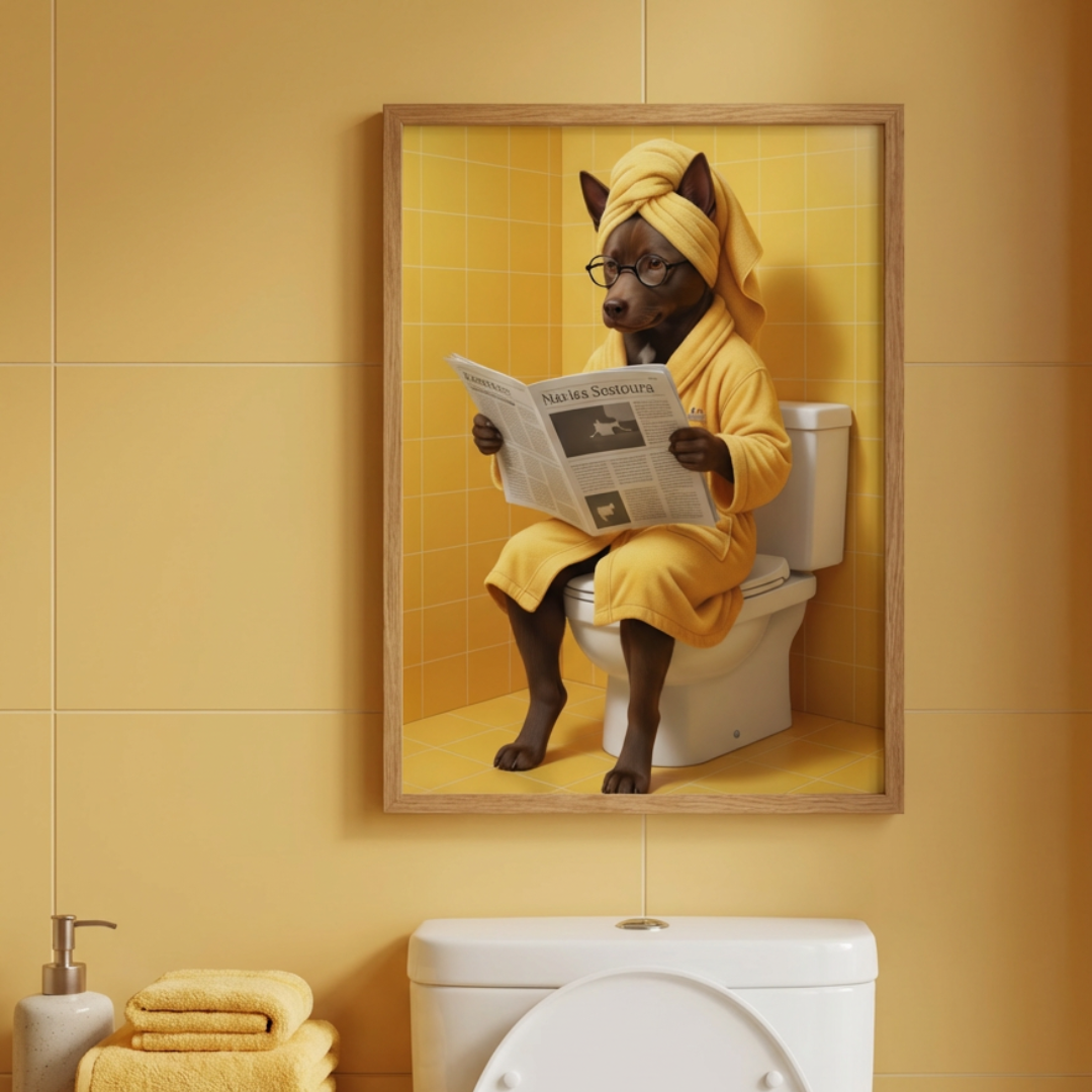 Framed print of a realistic pet portrait featuring a dog in a yellow robe and towel, reading a newspaper on