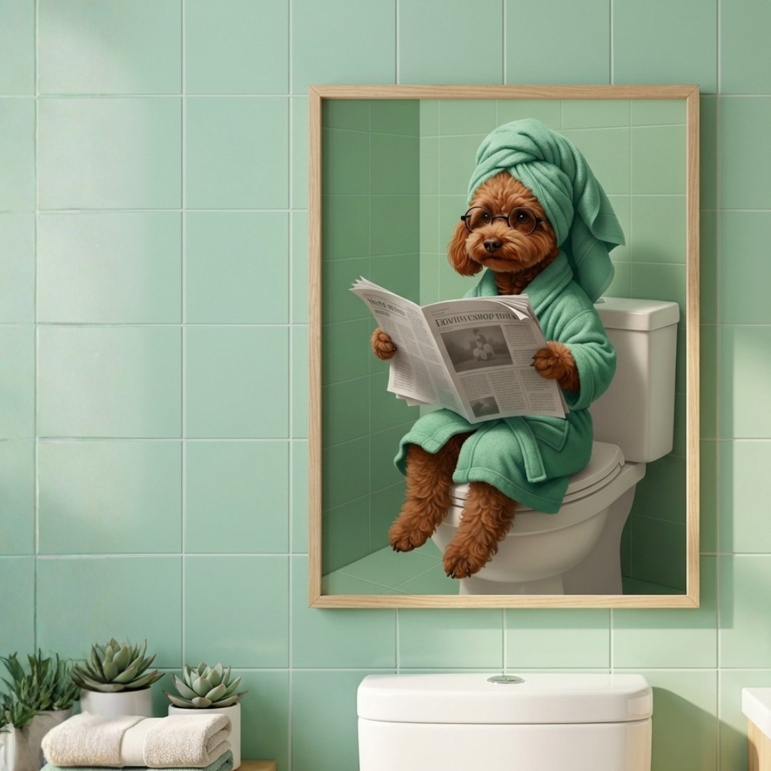 Framed art print of a cute brown poodle wearing a green bathrobe and towel, reading a newspaper on a toilet