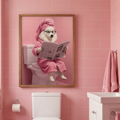 A framed bathroom print featuring a digital portrait of a fluffy dog in glasses, a robe, and a towel, reading