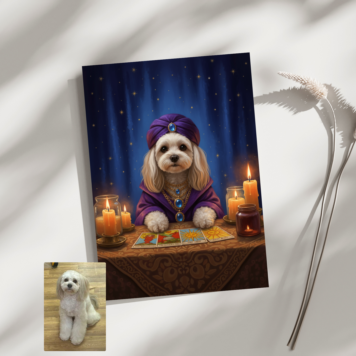 A custom AI-generated portrait of a white dog wearing a purple turban and sitting at a table with lit candles.