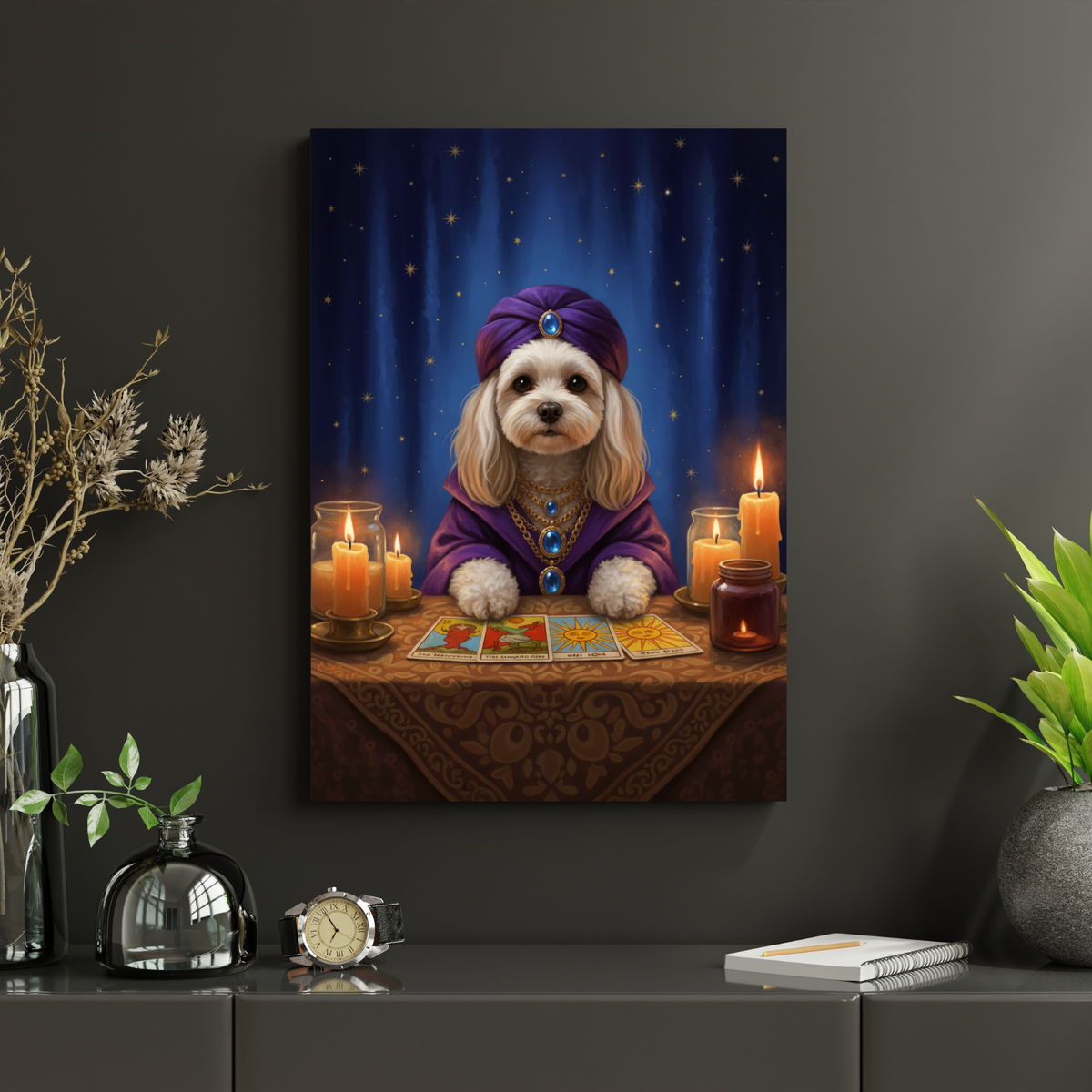 A custom AI-generated portrait of a dog wearing a purple turban and sitting at a table with lit candles.
