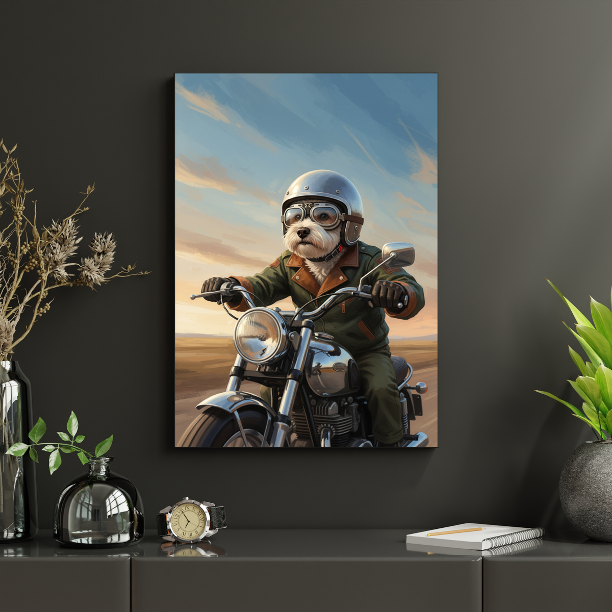 Framed print of an oil-style digital painting showing a dog in a biker jacket, helmet, and goggles riding a motorcycle.