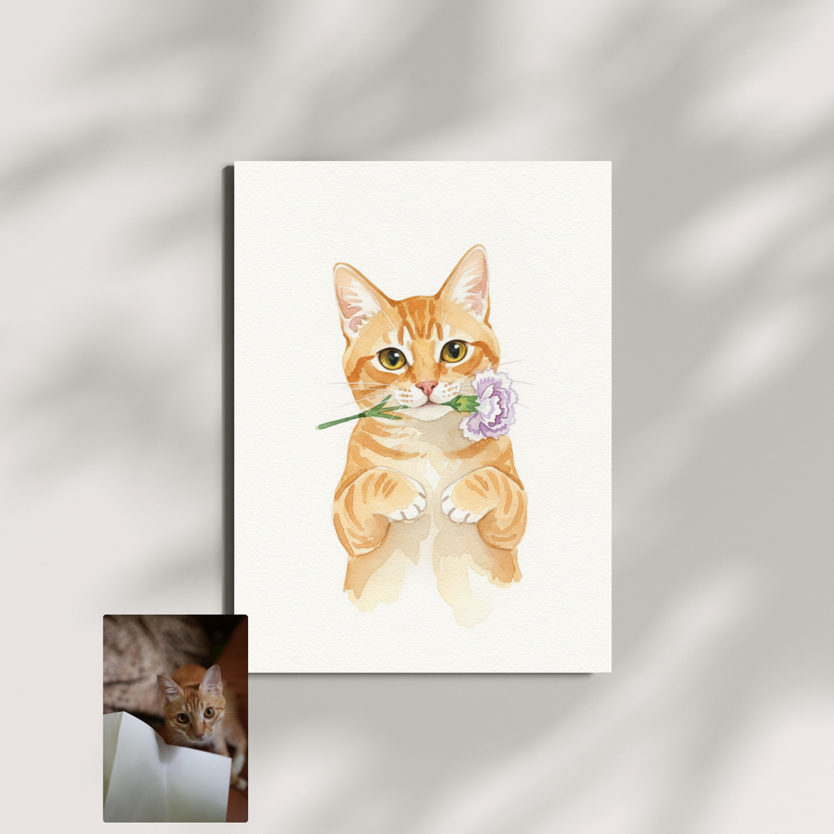 Framed print of a watercolor portrait featuring an orange tabby cat holding a purple flower on a plain white background.
