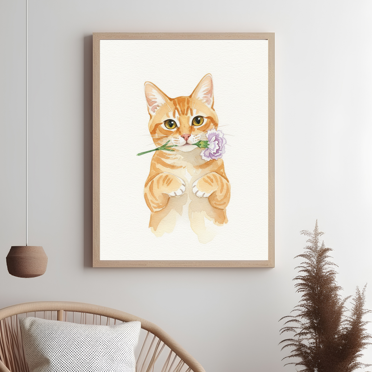 Framed watercolor print of an orange tabby cat holding a purple flower in its mouth against a minimalist white background.
