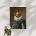 Custom oil-style portrait of a dog wearing royal Elizabethan attire and a crown, displayed as a print on a wall.