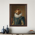 Framed oil painting portrait of a golden dog in royal blue Renaissance attire and a crown, displayed on a wall.