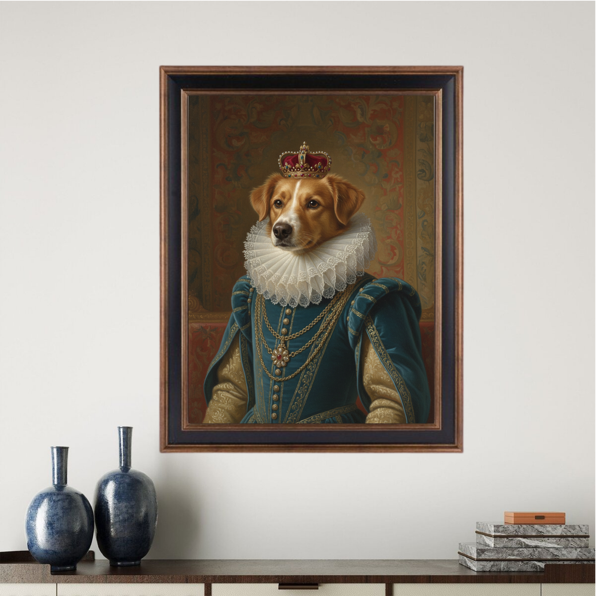 Framed oil painting portrait of a golden dog in royal blue Renaissance attire and a crown, displayed on a wall.