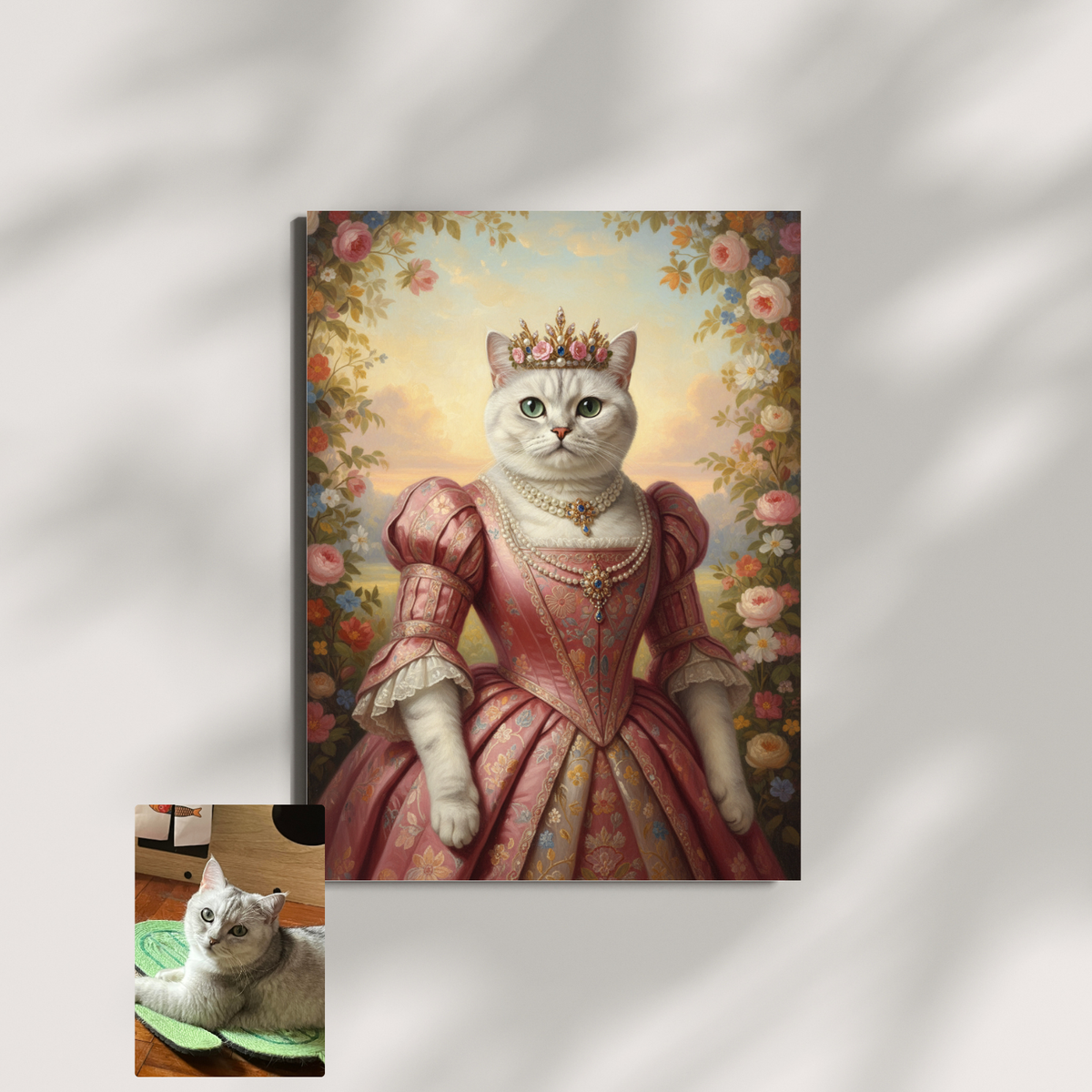 Framed print of a pet cat dressed as a royal queen in an oil painting style, surrounded by a floral