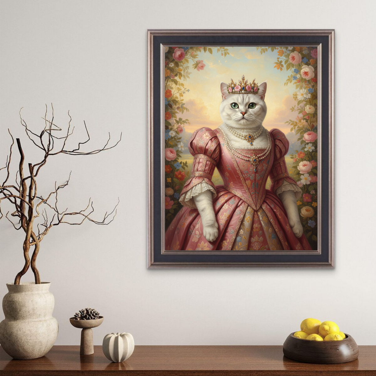 Framed print of an oil-style portrait featuring a regal white cat as a garden ambassador in a pink royal gown