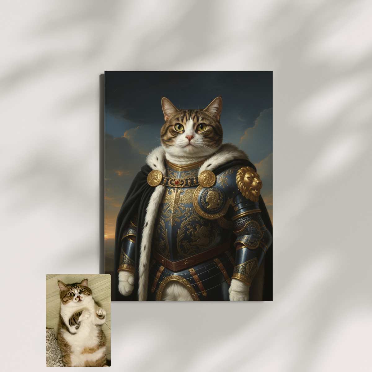 A framed wall print of a tabby cat in regal armor and a fur-trimmed cape, oil-painting style, against a moody