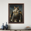 Framed oil-style portrait of a cat dressed in ornate blue and gold royal armor with a fur-lined cloak against a