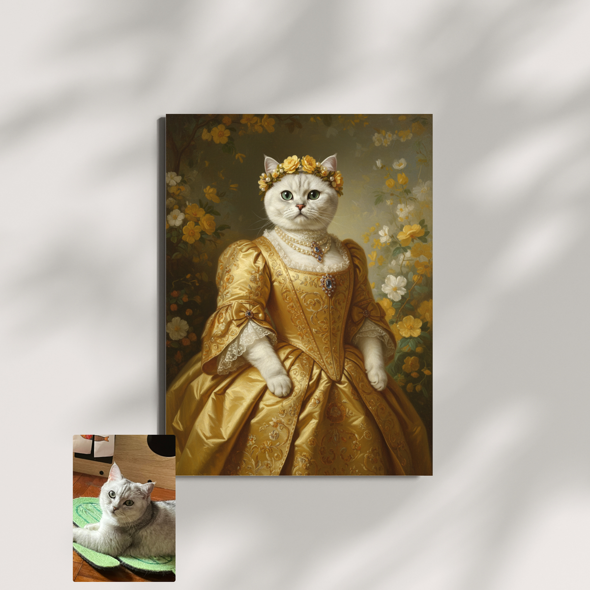 Framed print of an oil painting featuring a cat dressed as a golden noblewoman in a floral garden, based on