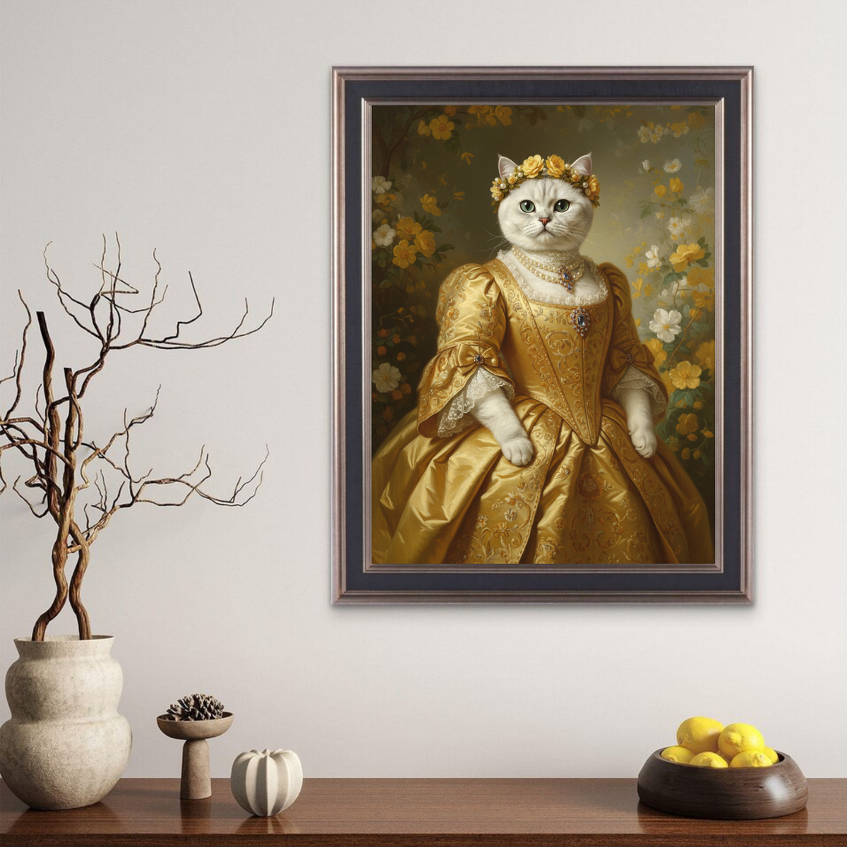 A framed oil painting of a white cat dressed as a golden noblewoman, wearing a floral crown in a lush,
