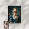 Framed portrait of an older woman as an Azure Duchess in a regal oil painting style with a floral background.
