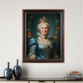 Framed print of an oil-style portrait featuring an elegant woman as an Azure Duchess in a gown with a floral