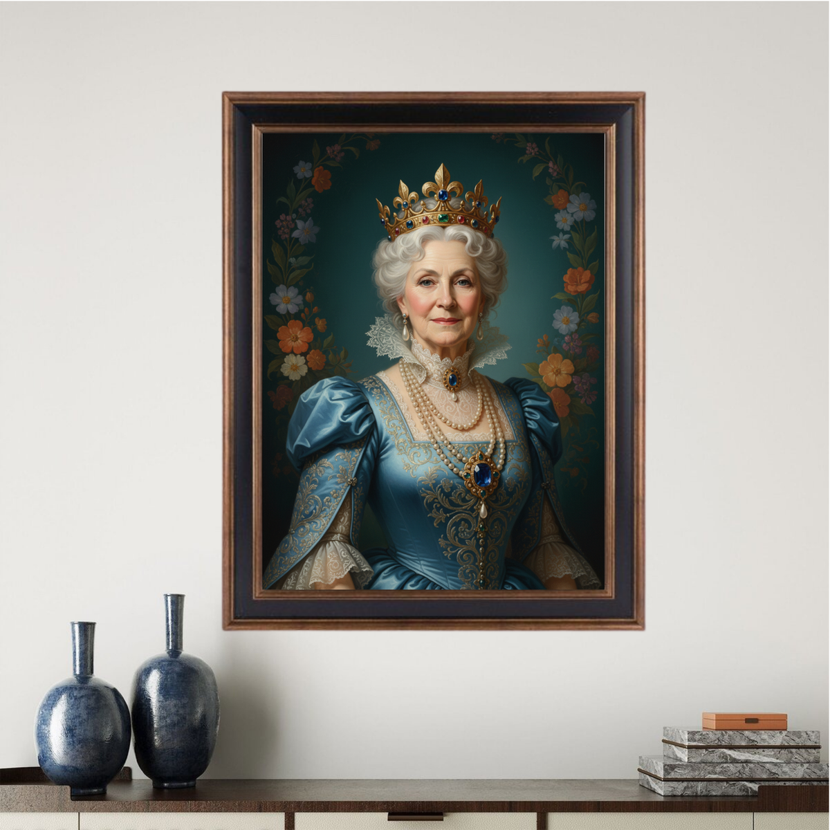 Framed print of an oil-style portrait featuring an elegant woman as an Azure Duchess in a gown with a floral