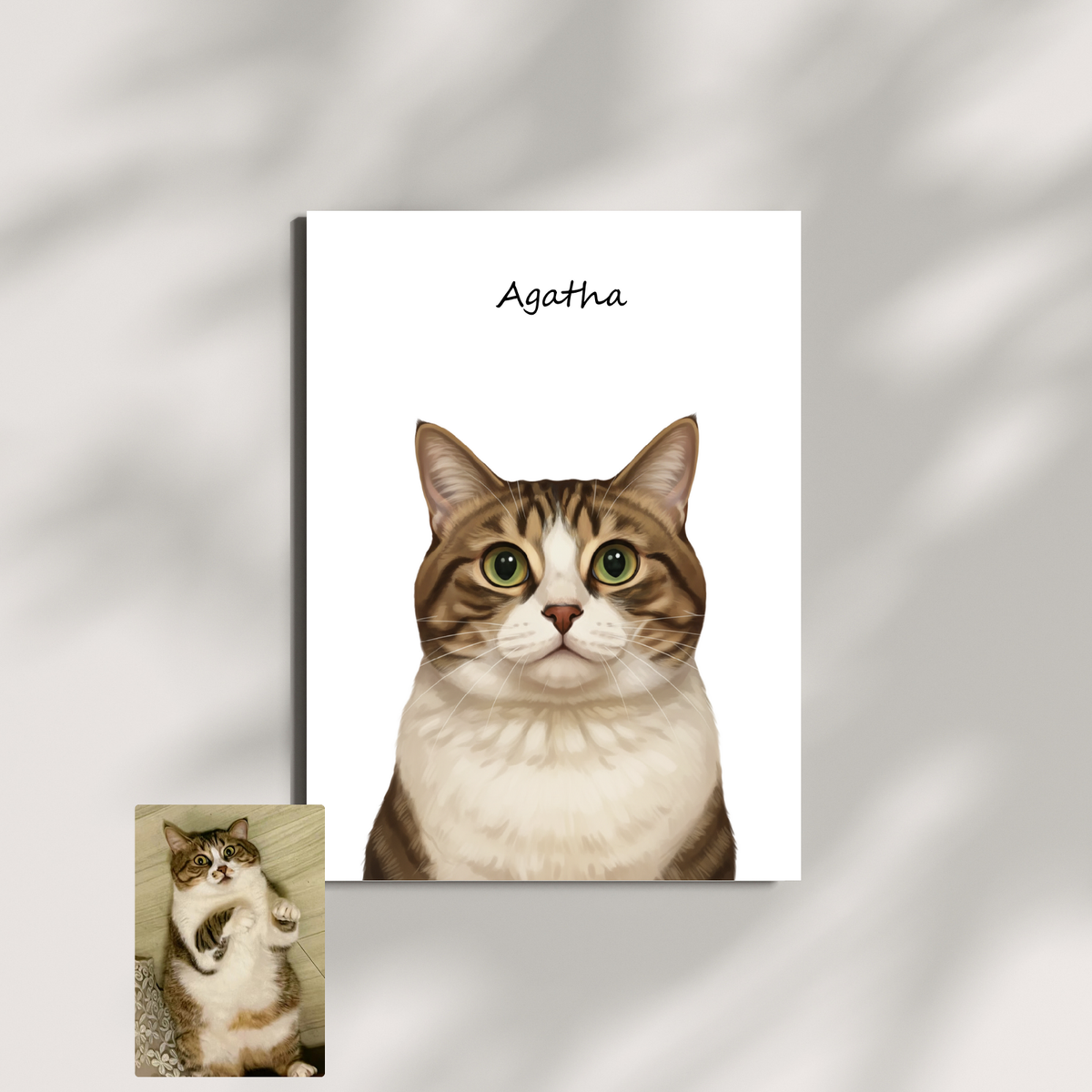 Custom Artzuzu portrait of a brown tabby cat with green eyes, presented as a modern, clean-styled framed wall print.