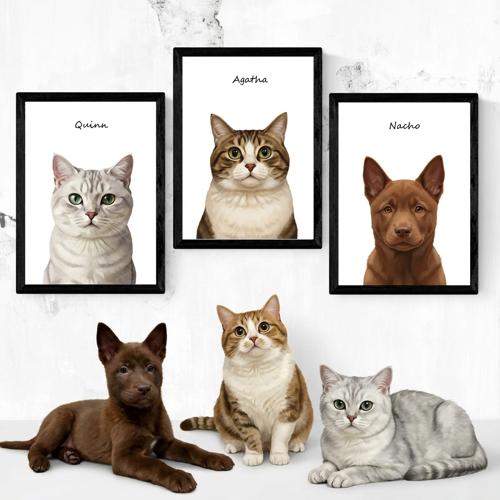 Three framed, modern-style pet portraits hanging above a brown puppy and two cats sitting against a white backdrop.