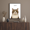 Framed portrait of a tabby cat named Agatha, illustrated in a digital art style, displayed on a wooden cabinet wall.