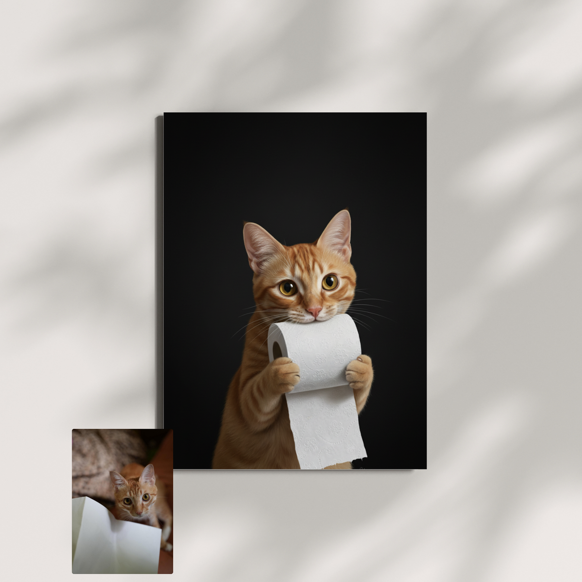 Framed wall art featuring a realistic digital portrait of an orange tabby cat playfully holding a roll of toilet paper.