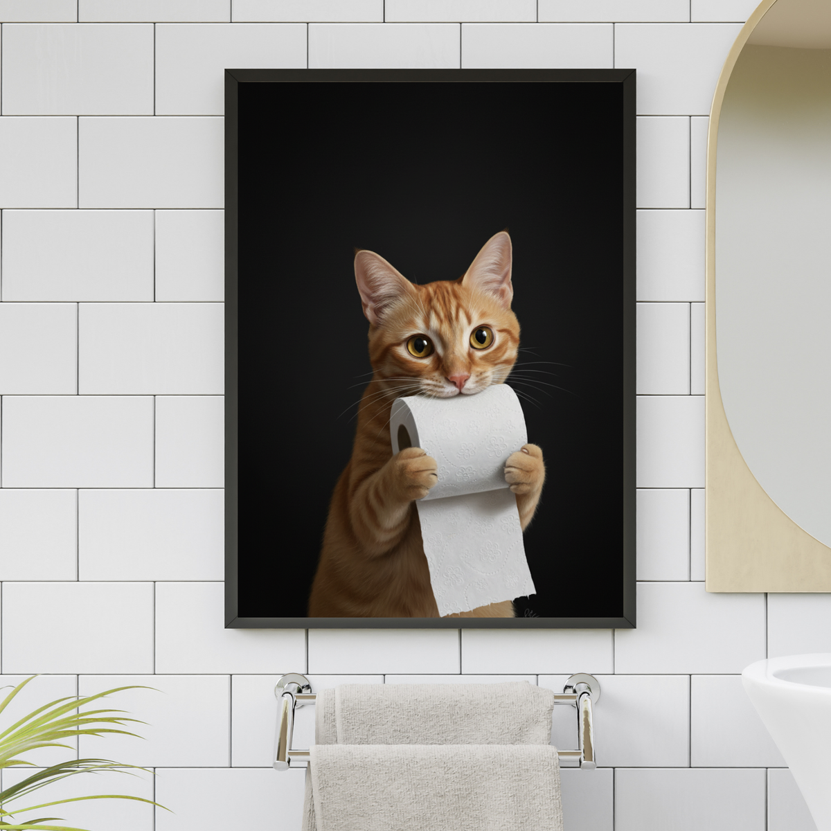 Framed print of a realistic, digital pet portrait featuring a cute orange tabby cat holding a toilet paper roll.