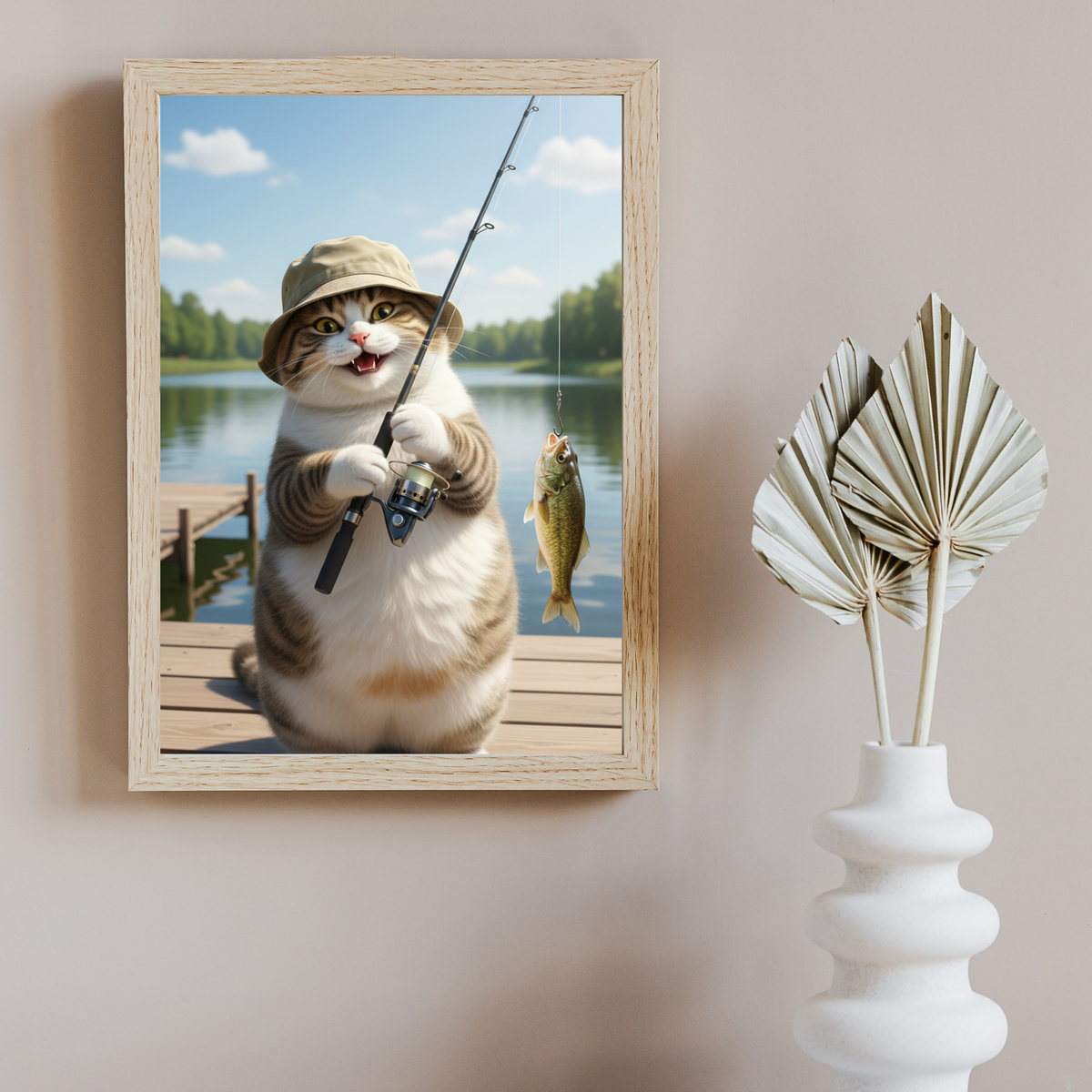 Framed print of a cartoon-style tabby cat in a fishing hat holding a rod with a caught fish against a