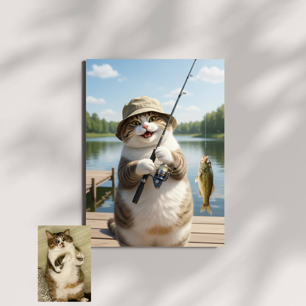 A framed Artzuzu portrait on a wall featuring a digital illustration of a tabby cat in a bucket hat fishing