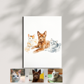 Custom watercolor portrait of a ginger-white cat, a brown dog, and a grey tabby cat displayed as a print on