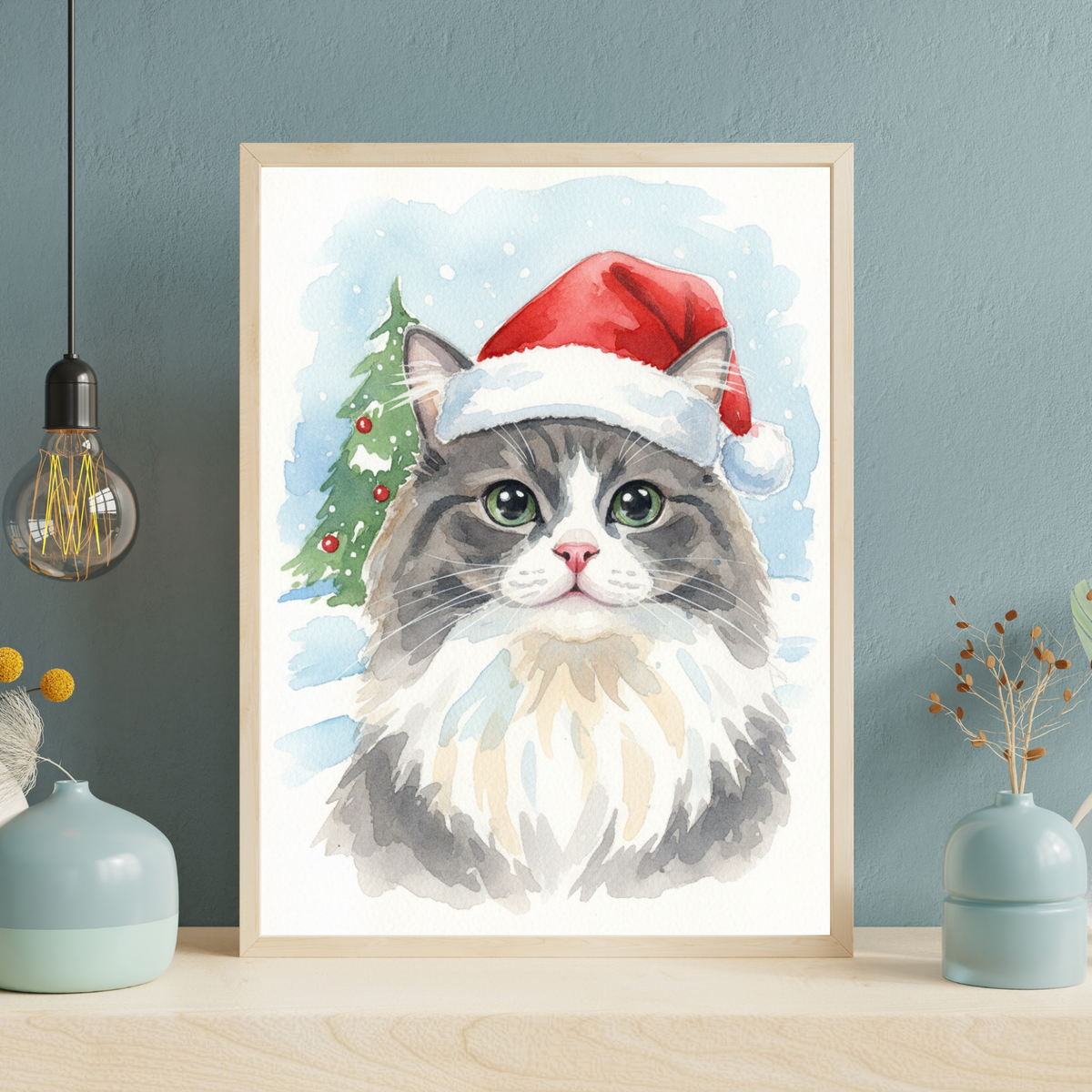 Framed watercolor print of a grey and white cat wearing a Santa hat, set against a snowy Christmas tree background.