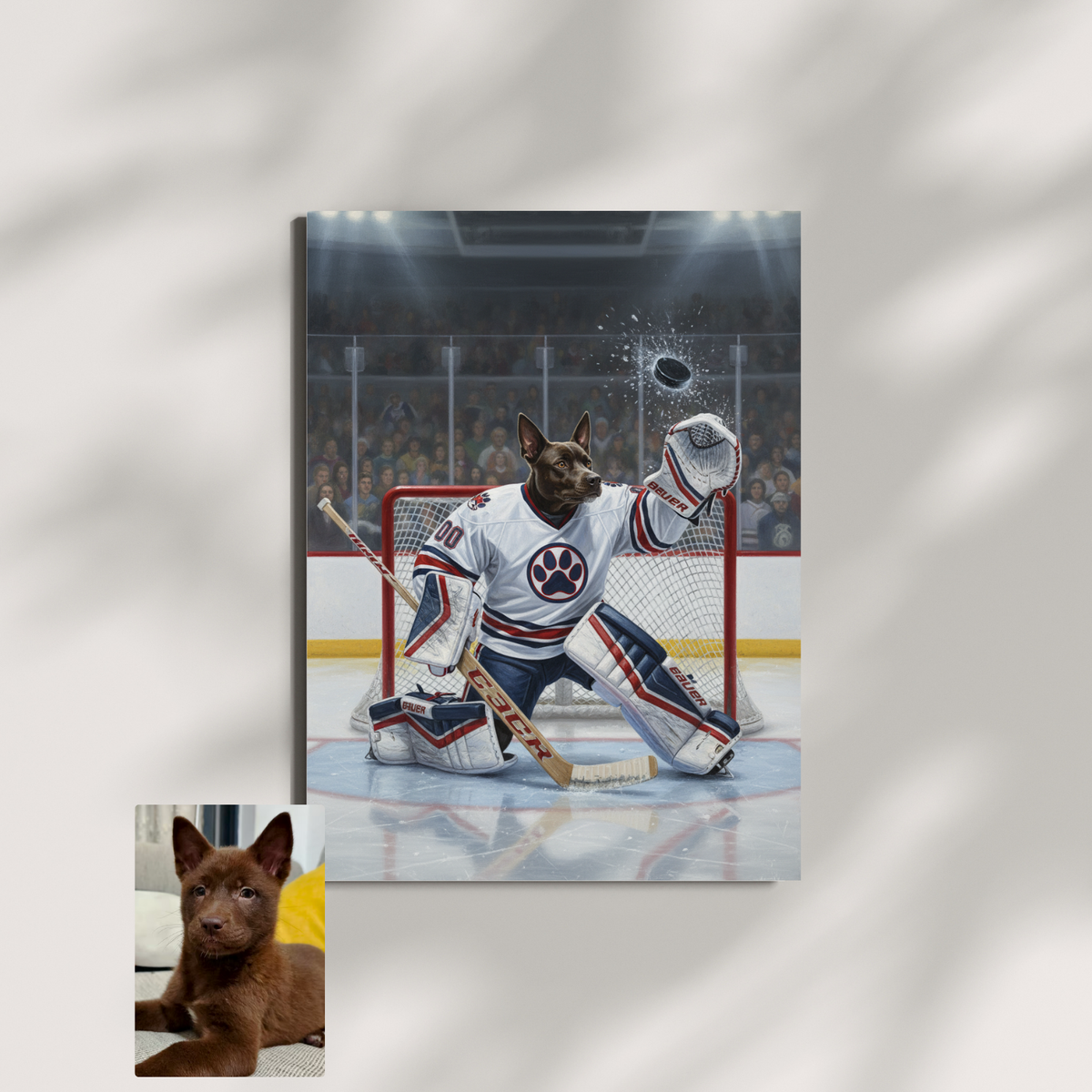Framed print of an oil painting featuring a brown puppy as an ice hockey goalie making a save in a