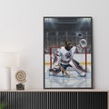 Framed oil-style print of a dog dressed as an ice hockey goalie making a save in a stadium, on a