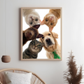 Framed wall art of a realistic pet portrait featuring two cats and two dogs looking down against a bright white