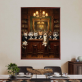 Framed oil painting of seven pets in tuxedos sitting at a bar, displayed on a wall above a dining table.