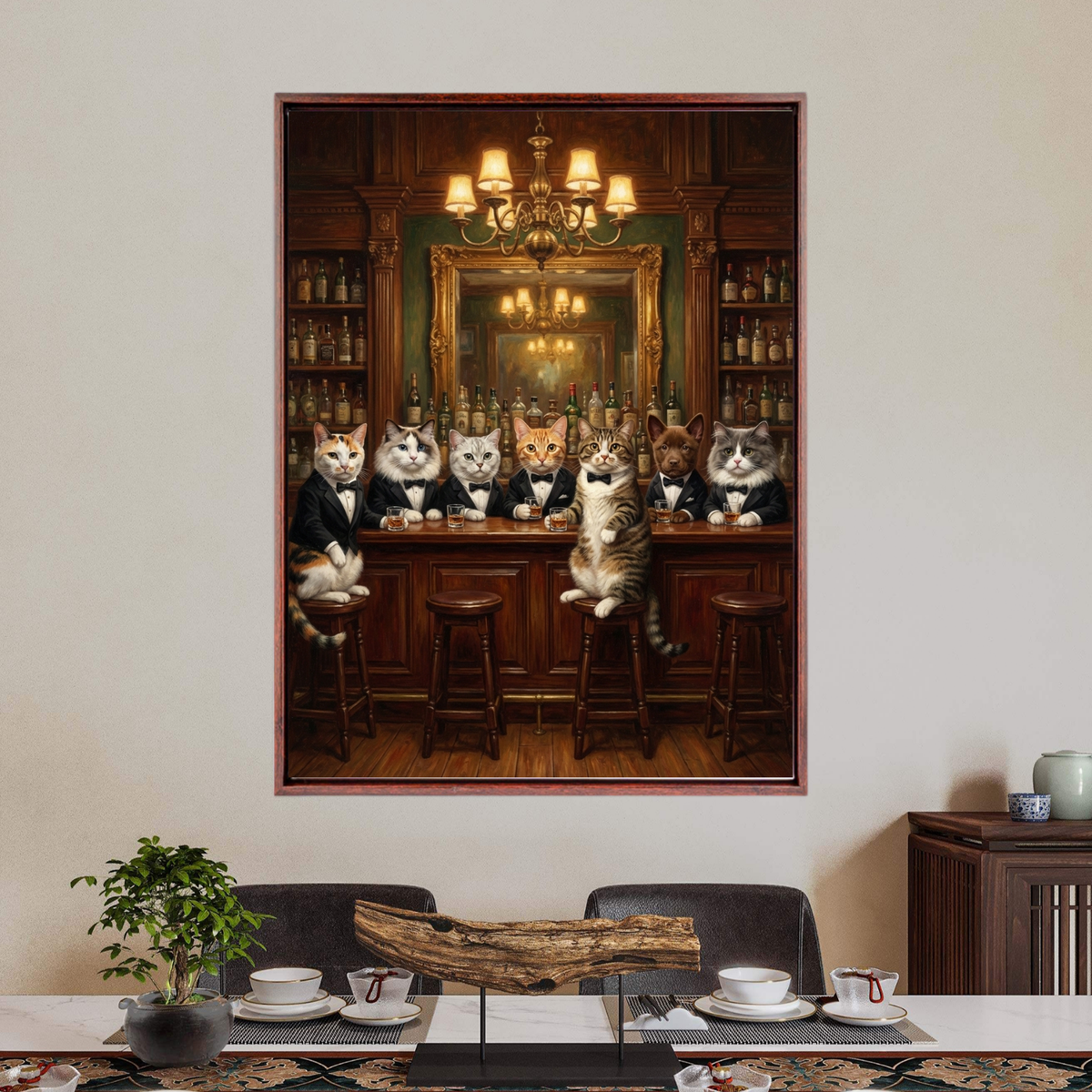 Framed oil painting of seven pets in tuxedos sitting at a bar, displayed on a wall above a dining table.