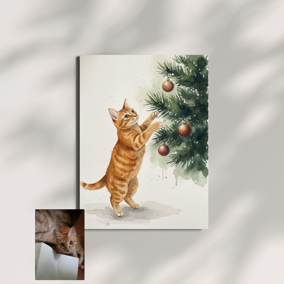 A watercolor art print showing a custom portrait of an orange tabby cat reaching for ornaments on a Christmas tree.