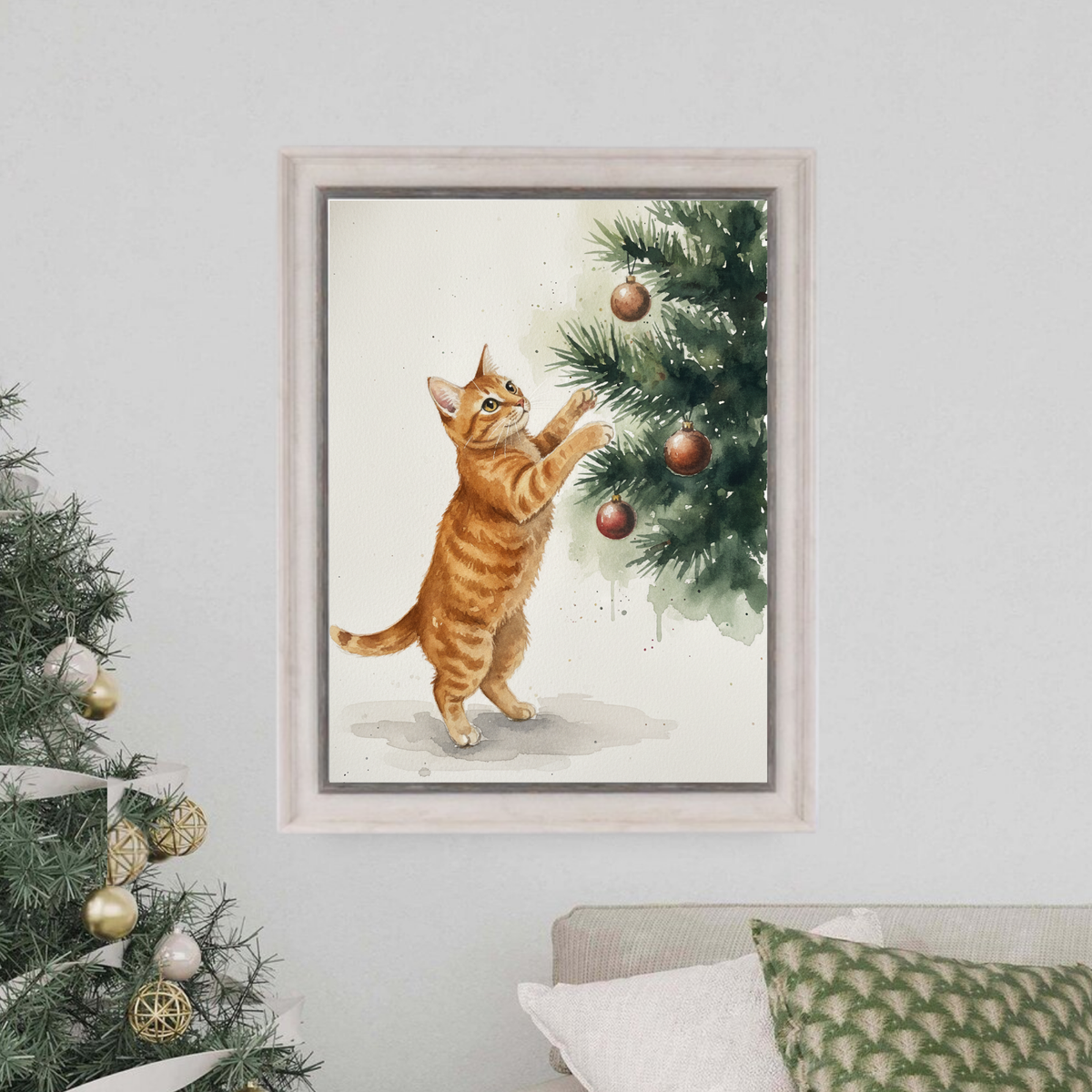Framed watercolor portrait of an orange tabby cat reaching for ornaments on a Christmas tree.