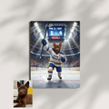 Framed wall art of a brown puppy, digitally illustrated as a hockey player celebrating a goal in a stadium arena.
