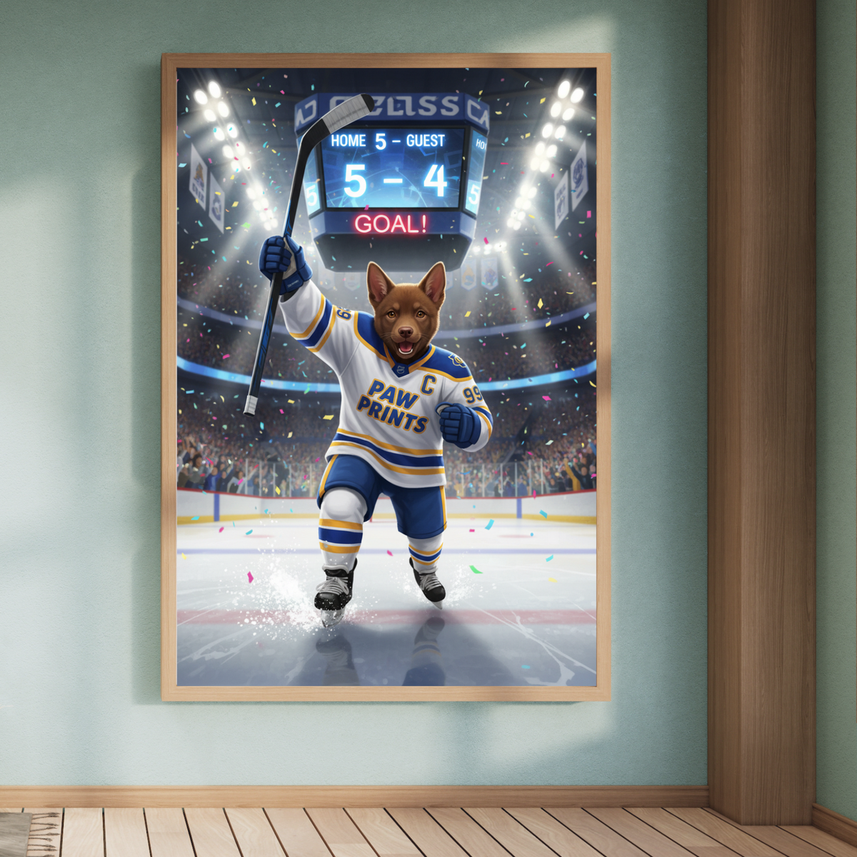 Framed print of a cartoon-style dog in a hockey uniform celebrating a goal on an ice rink, displayed in a