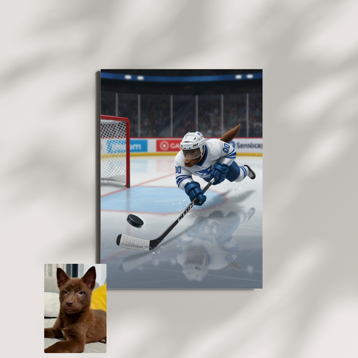 Framed print of a cartoon-style digital art portrait featuring a brown puppy dressed as a hockey player diving on ice.