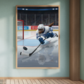 Framed print of a custom digital portrait featuring a dog in a white and blue hockey jersey diving to block