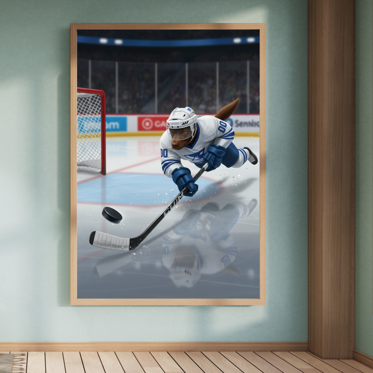 Framed print of a custom digital portrait featuring a dog in a white and blue hockey jersey diving to block