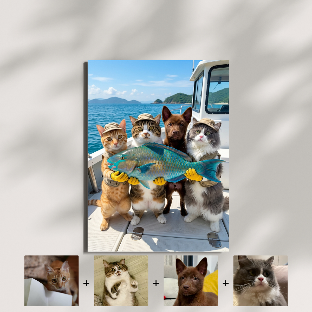 Framed print of a whimsical digital portrait featuring three cats and a puppy in explorer gear posing with a fish