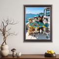 Framed print of a realistic pet portrait featuring three cats and a dog in fishing gear holding a large fish