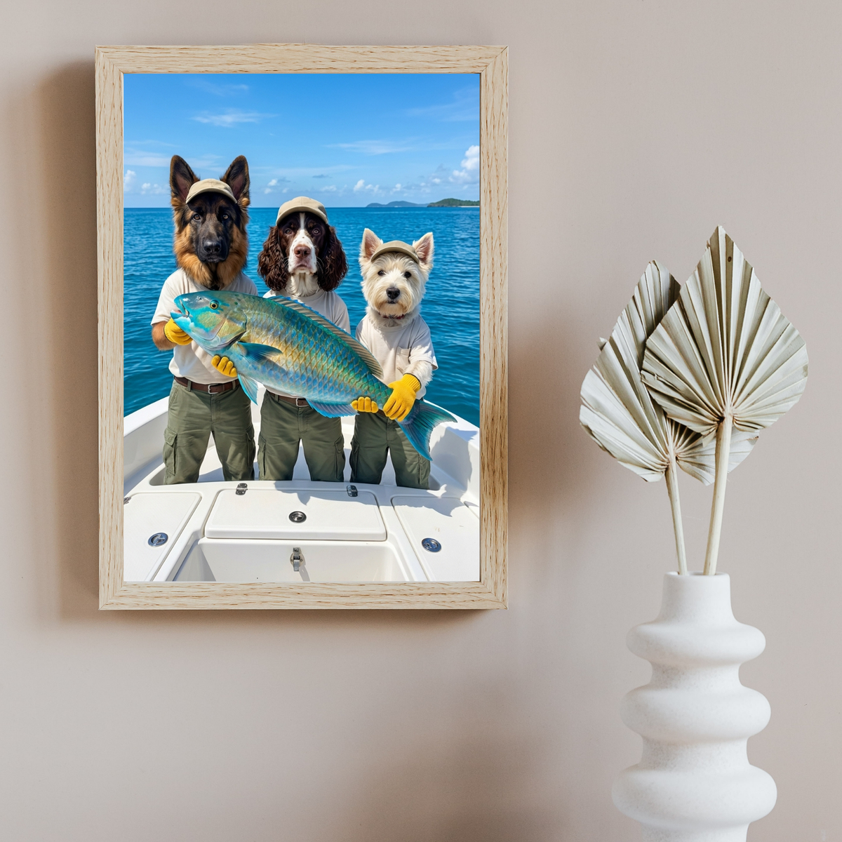 A framed portrait of three anthropomorphic dogs in fishing gear holding a large, colorful fish on a boat in the