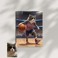 Framed print of a digital-style cat portrait, featuring a grey cat wearing a basketball uniform dribbling on a court.