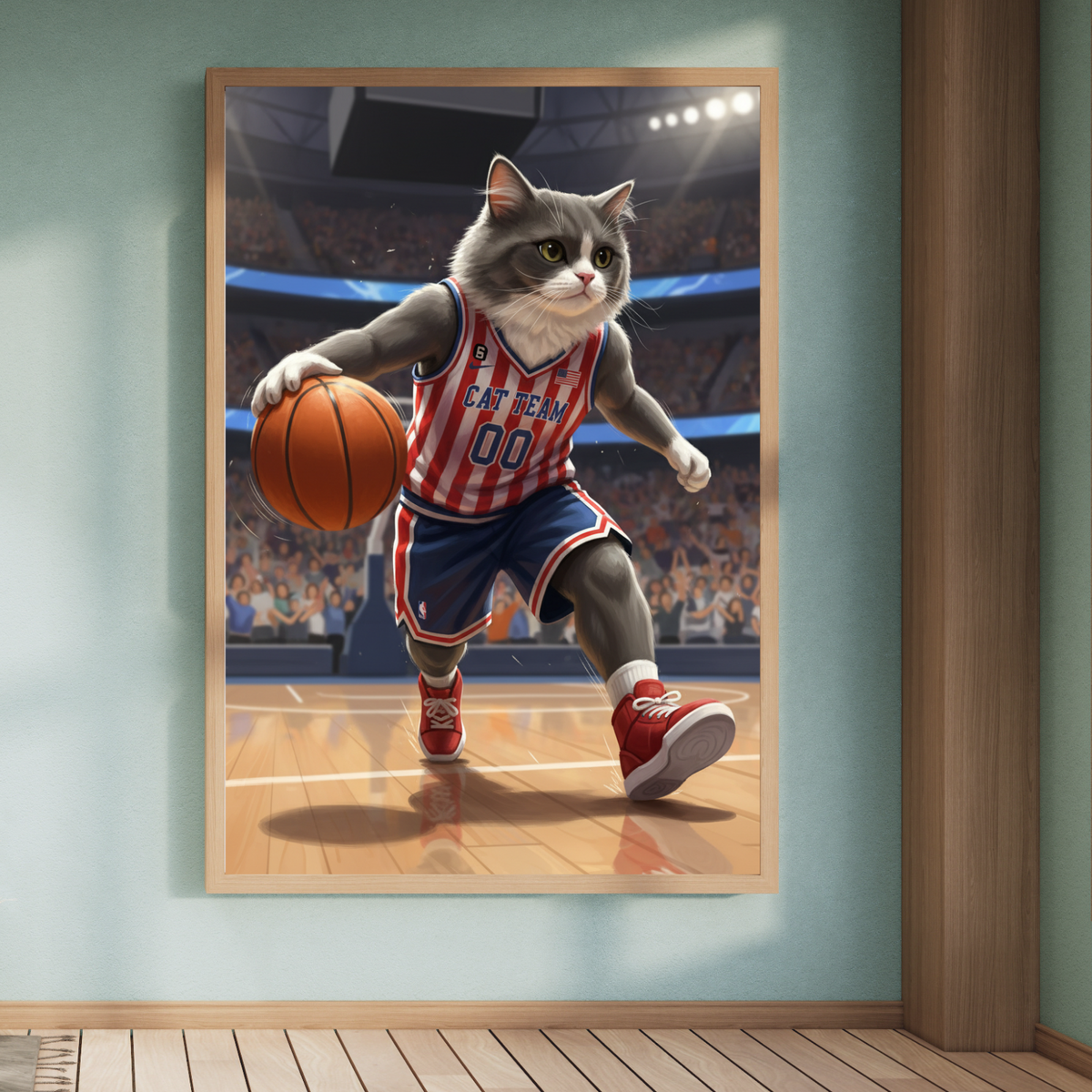 Framed print of a cartoon-style cat wearing a red, white, and blue basketball uniform dribbling on an indoor court.