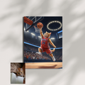 A framed print of an orange tabby cat in a red basketball jersey dunking a ball, rendered in a vibrant