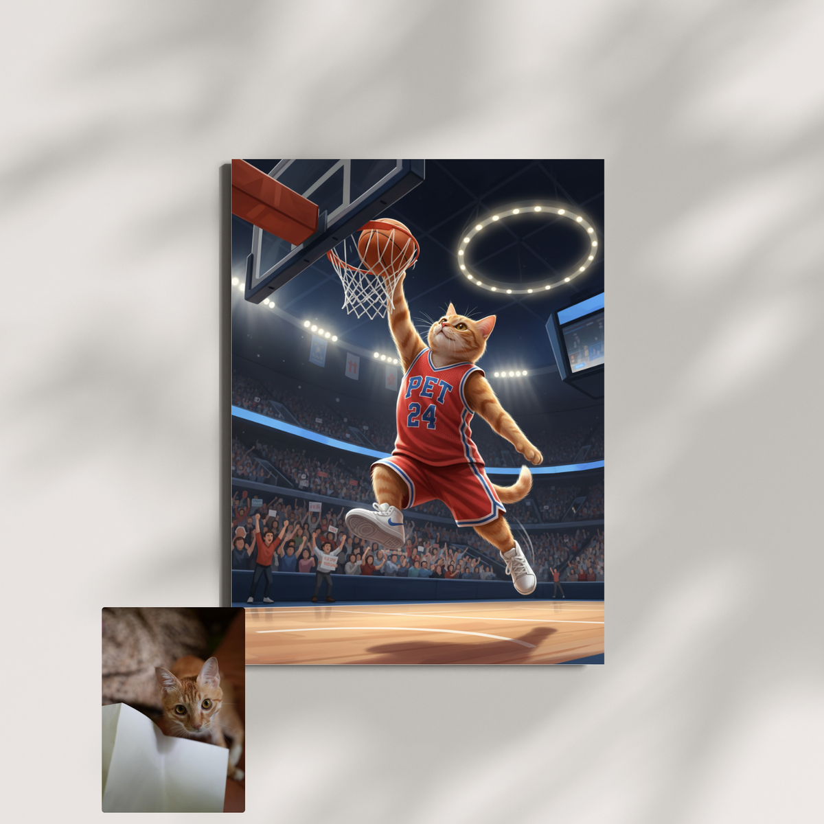 A framed print of an orange tabby cat in a red basketball jersey dunking a ball, rendered in a vibrant
