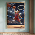 A framed print of a digital illustration showing an orange cat in a red basketball jersey dunking in a stadium.