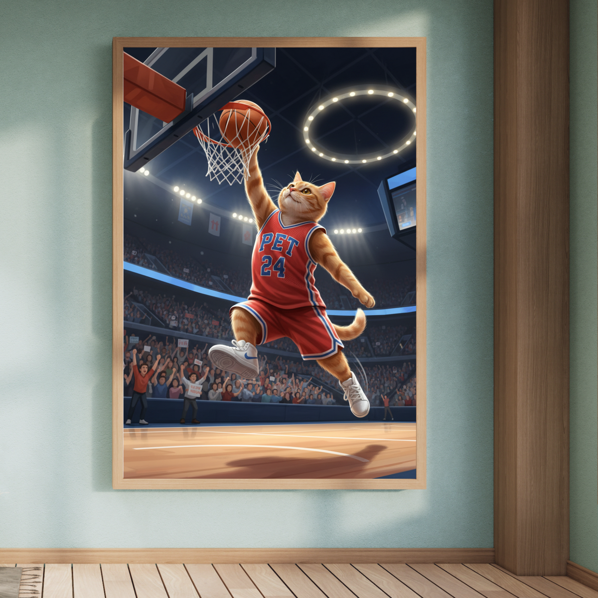 A framed print of a digital illustration showing an orange cat in a red basketball jersey dunking in a stadium.